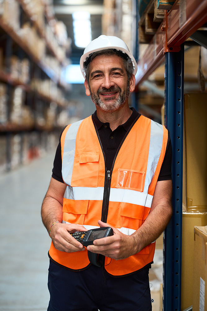 Happy worker in a warehouse using the Corevex Worker Portal